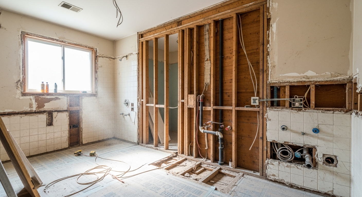 Bathroom mid-remodel with walls open and floor protection in place