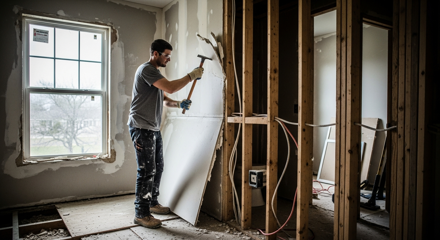Remodeling contractor removing drywall to reveal hidden problems behind a bathroom wall in Northeast Ohio