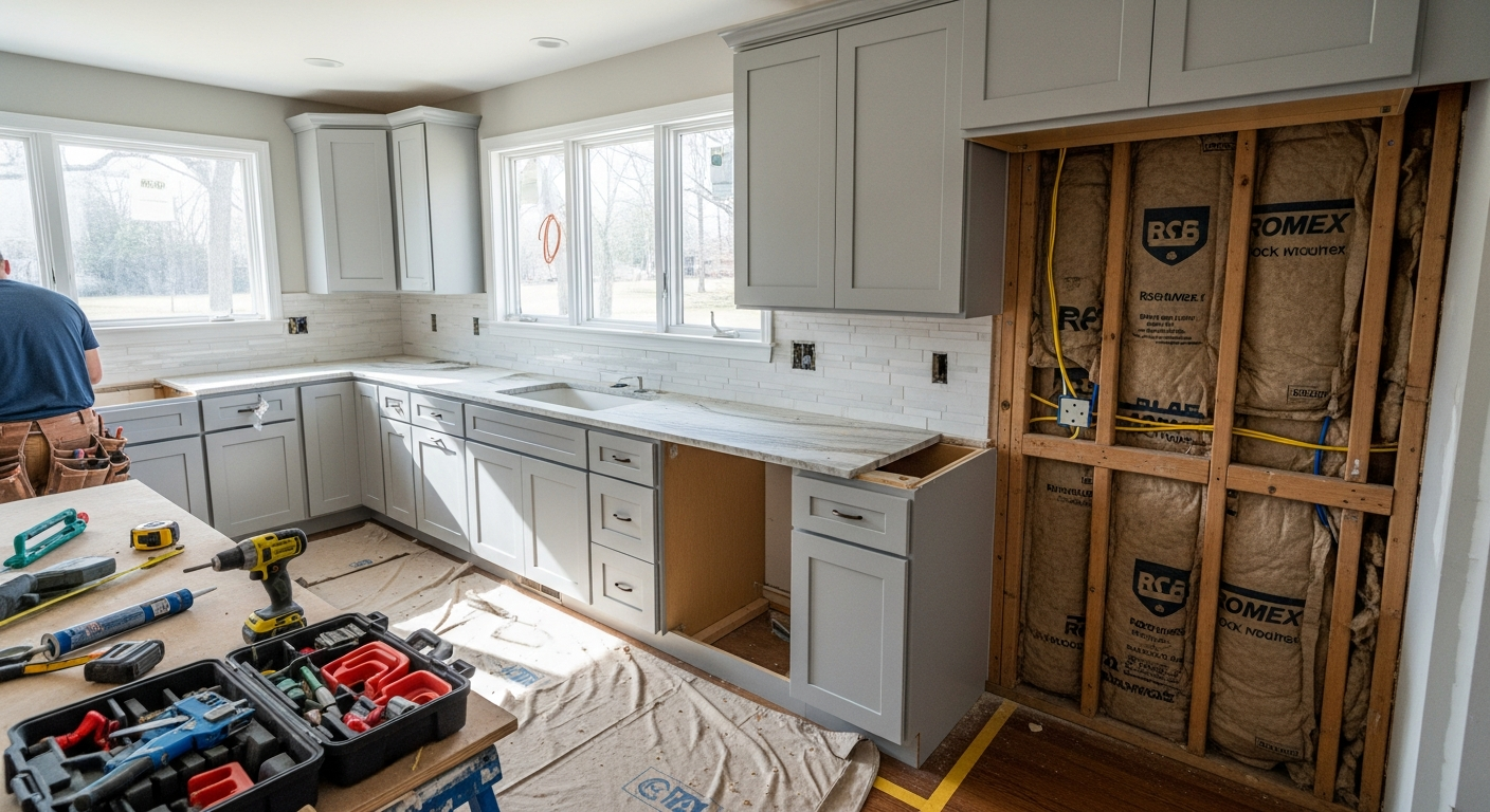 Kitchen remodel in progress showing new cabinets being installed with countertops and open framing