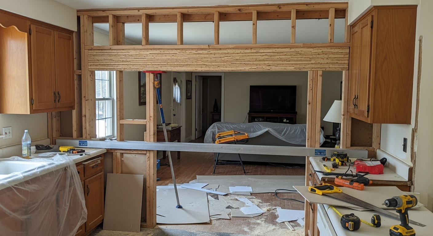Kitchen wall being removed during a renovation, exposing framing and a structural beam